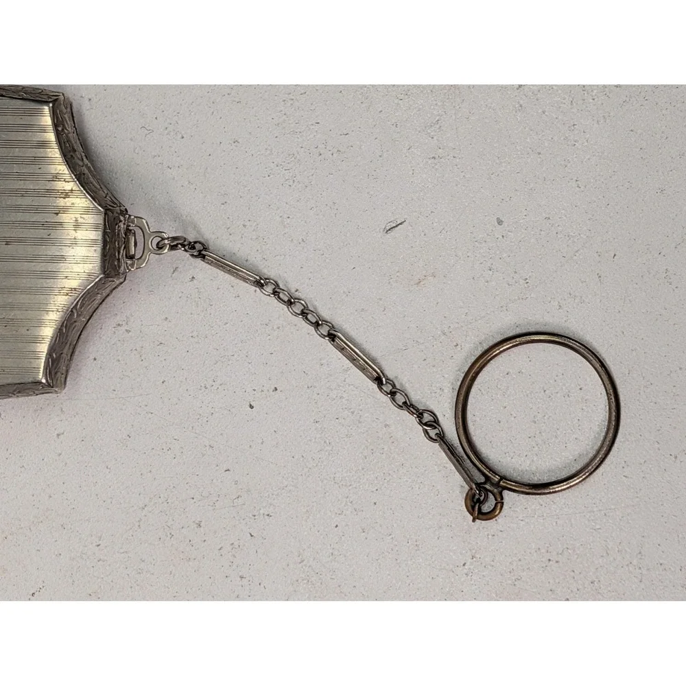Vintage Silver Tone Compact Mirror Powder Case Chain Finger Ring Floral Enamel